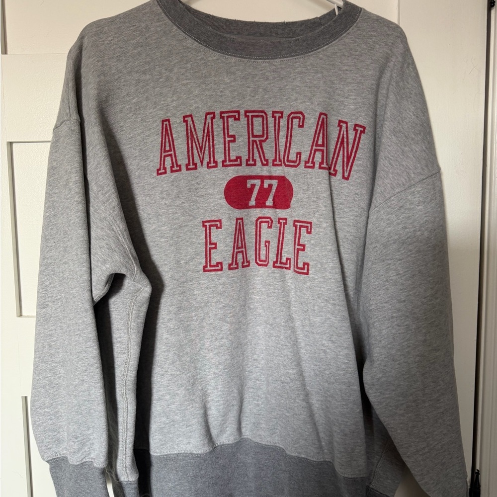American Eagle Outfitters Gray Crewneck Sweater with Red Accents
